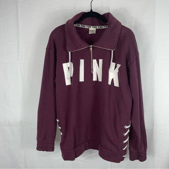 Victoria’s Secret Pink Sweatshirt 1/2 Zip Pullover Lace up Side Details Big Logo - Picture 5 of 8